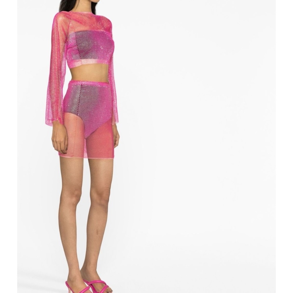 Santa Brands Hot Pink Rhinestone Crystal Mesh Mini Skirt - Picture 3 of 11